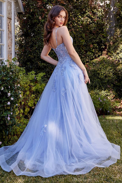 LACE APPLIQUED A-LINE LAYERED TULLE GOWN