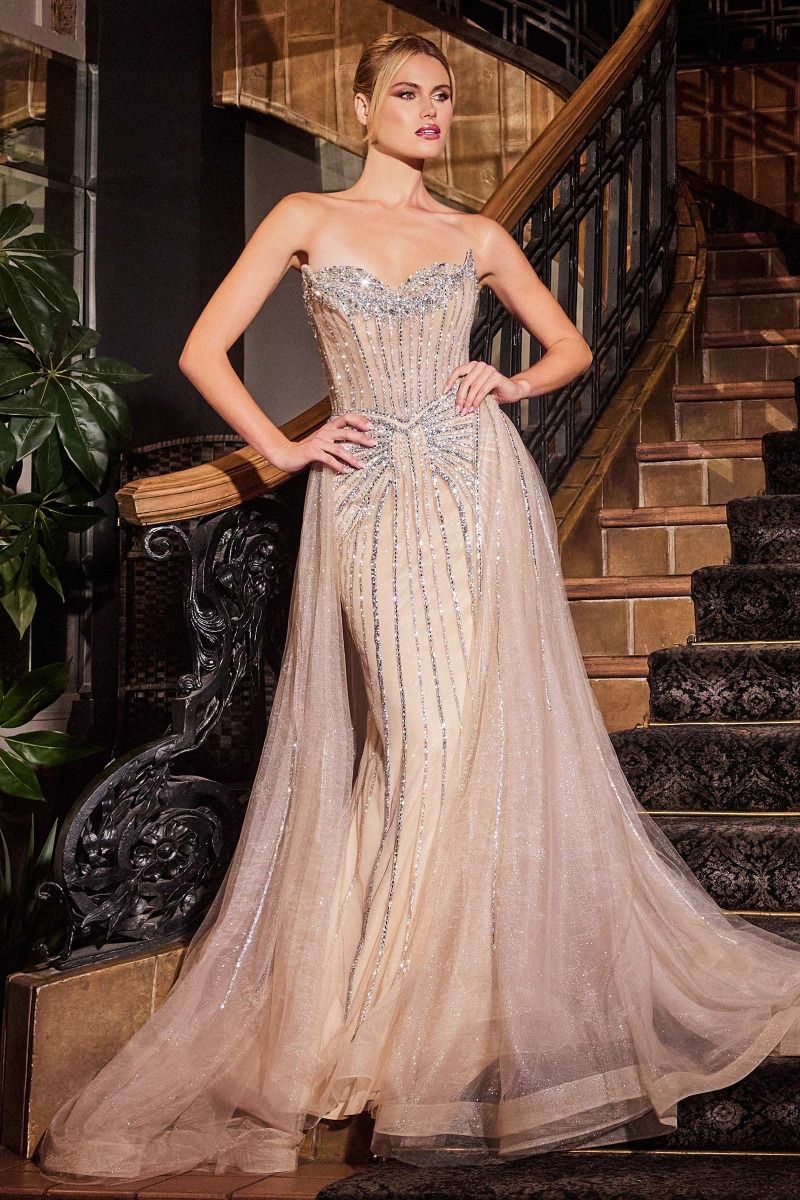 STRAPLESS CRYSTAL EMBELLISHED GOWN WITH OVERSKIRT