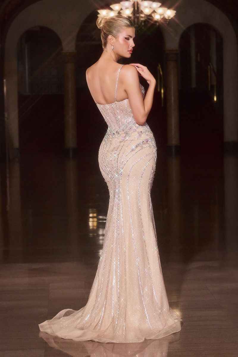Plunging neckline with crystal and sequin bead dress