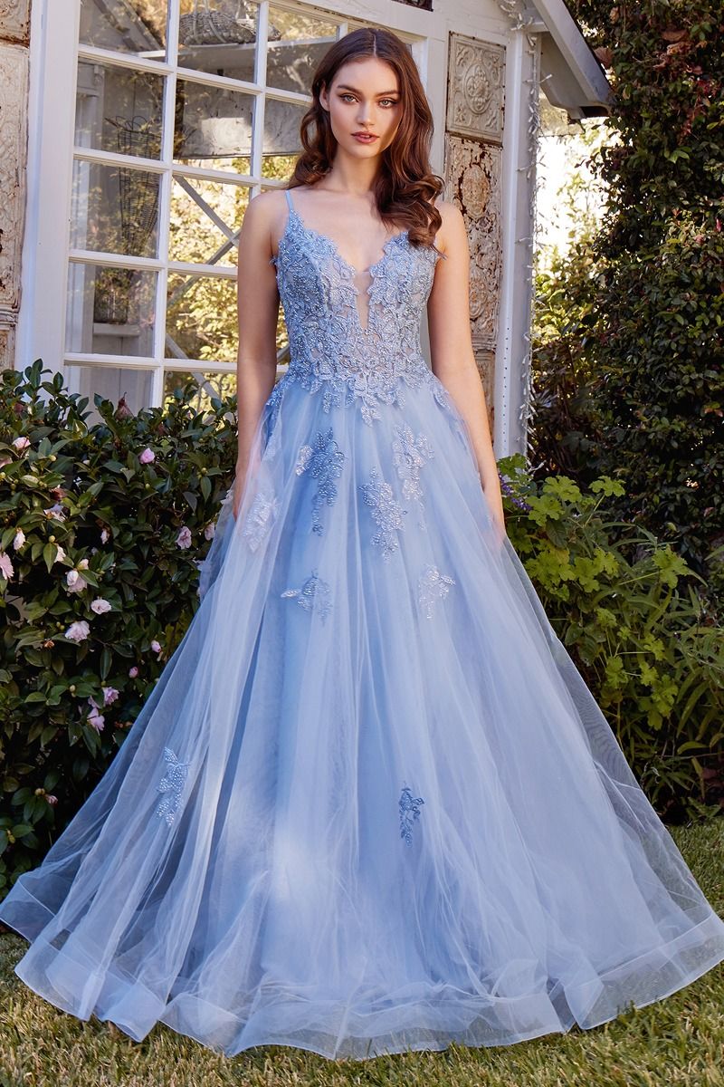 LACE APPLIQUED A-LINE LAYERED TULLE GOWN