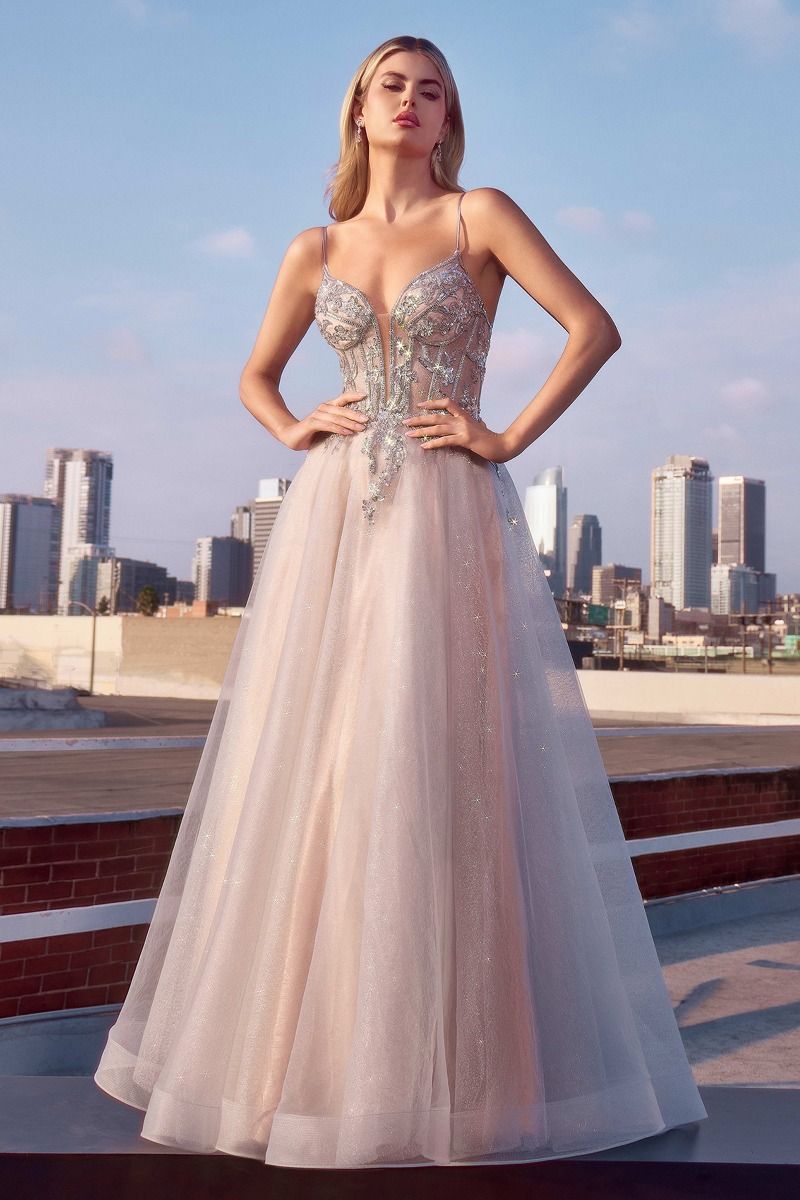 A-LINE LAYERED TULLE GOWN & LACE EMBELLISHED BODICE