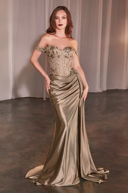 OFF THE SHOULDER LACE & SATIN FITTED GOWN