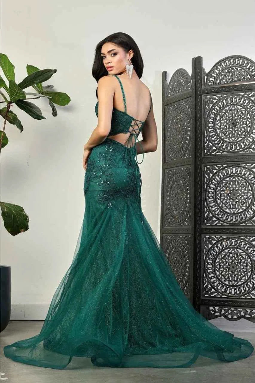 Spaghetti Strap Glitter V-Neck Prom Dress