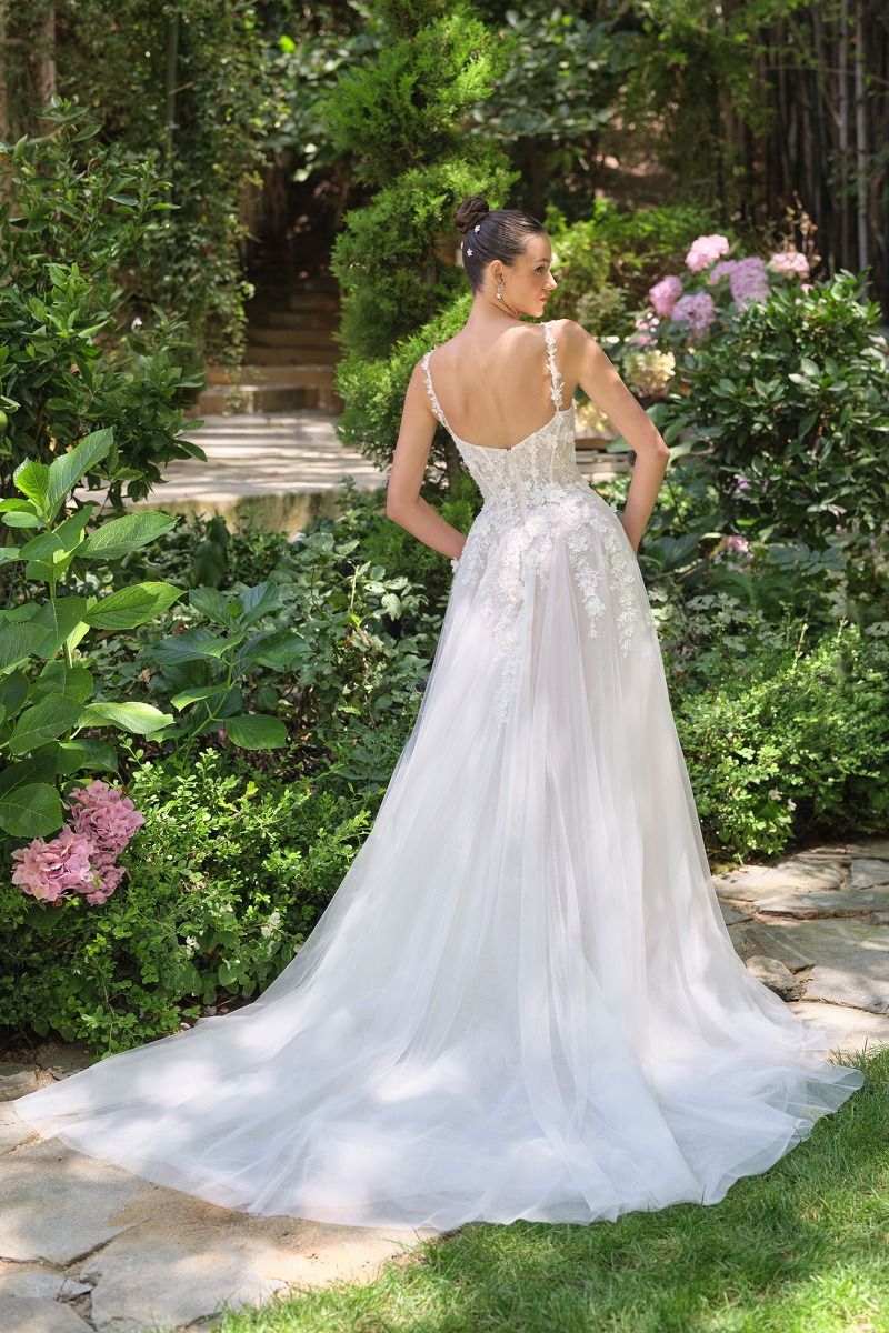 Floral lace appliqué over layered tulle