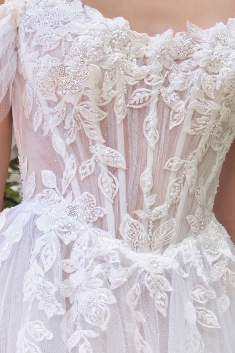 Off-the-shoulder illusion neckline with floral appliqué