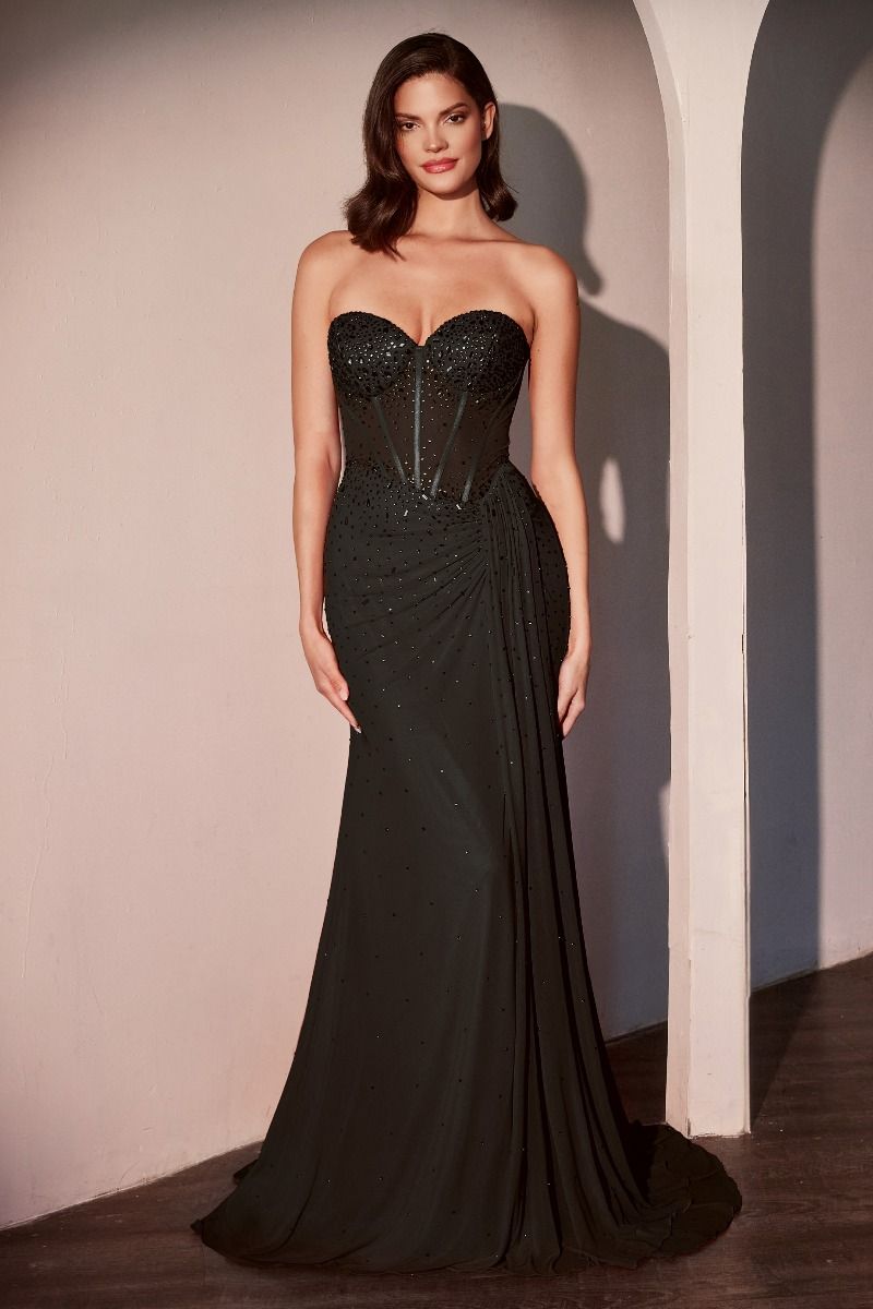 FITTED STRAPLESS STRETCH NET RHINESTONE SCATTERED DRESS