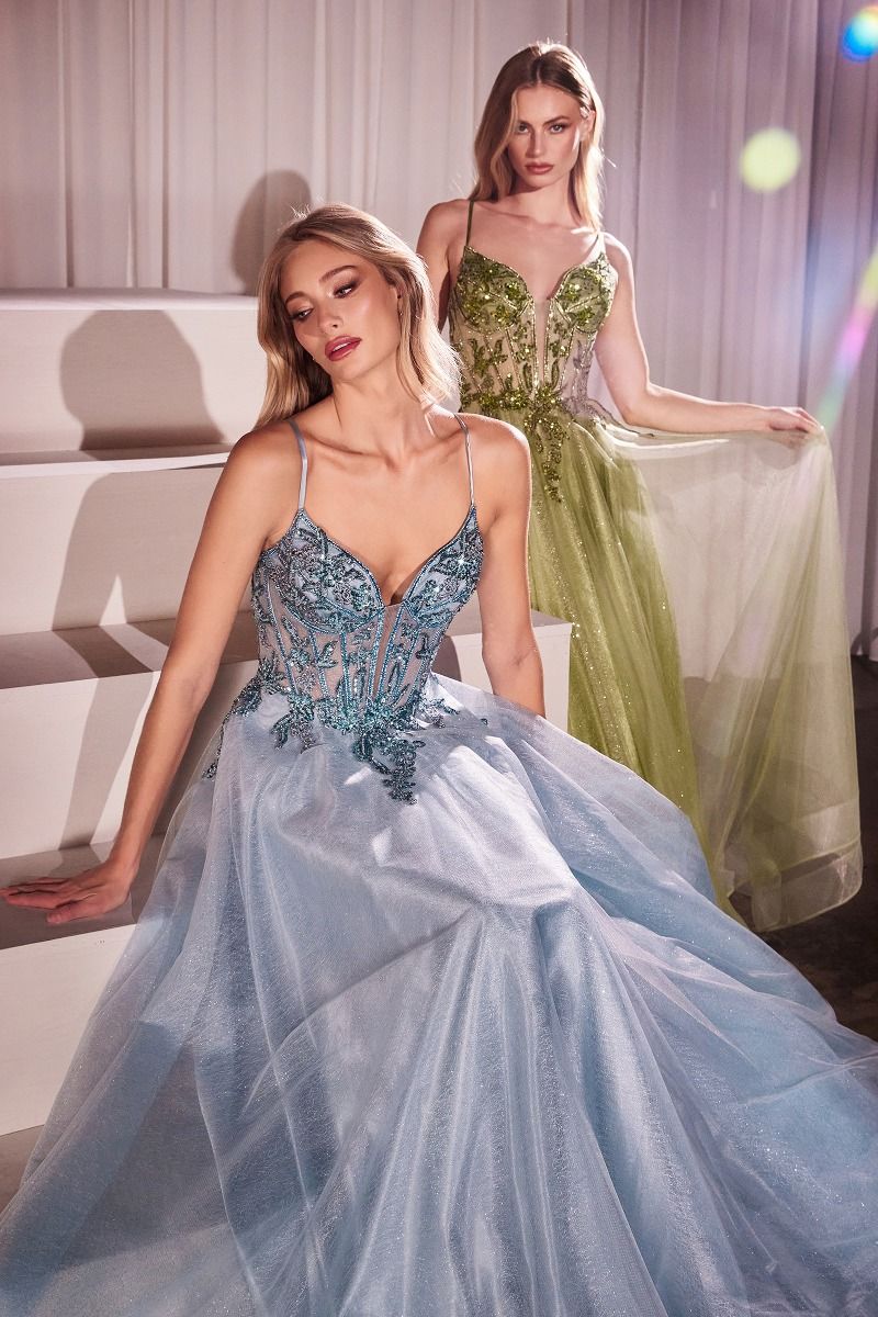 A-LINE LAYERED TULLE GOWN & LACE EMBELLISHED BODICE