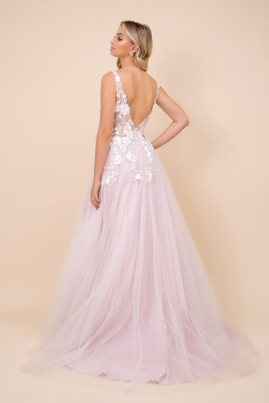 A-Line V-neck Floor-Length Tulle Ball Gown