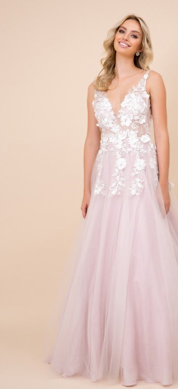 A-Line V-neck Floor-Length Tulle Ball Gown