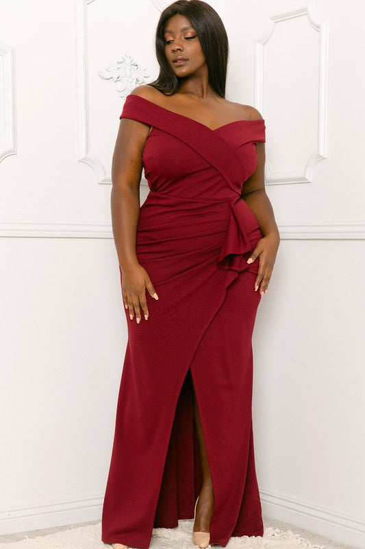 OFF THE SHOULDER WRAP PLUS MAXI DRESS