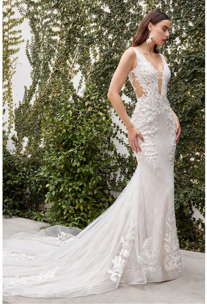 mermaid silhouette is form-flattering with a sophisticated lace-edge V-neckline