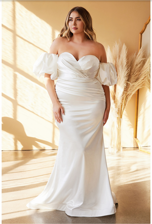 FITTED SATIN STRAPLESS GOWN WITH PUFF SLEEVES