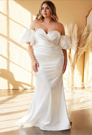 FITTED SATIN STRAPLESS GOWN WITH PUFF SLEEVES