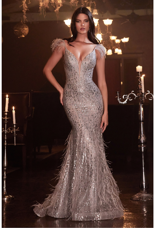 FITTED GLITTER MERMAID GOWN WITH FEATHERS