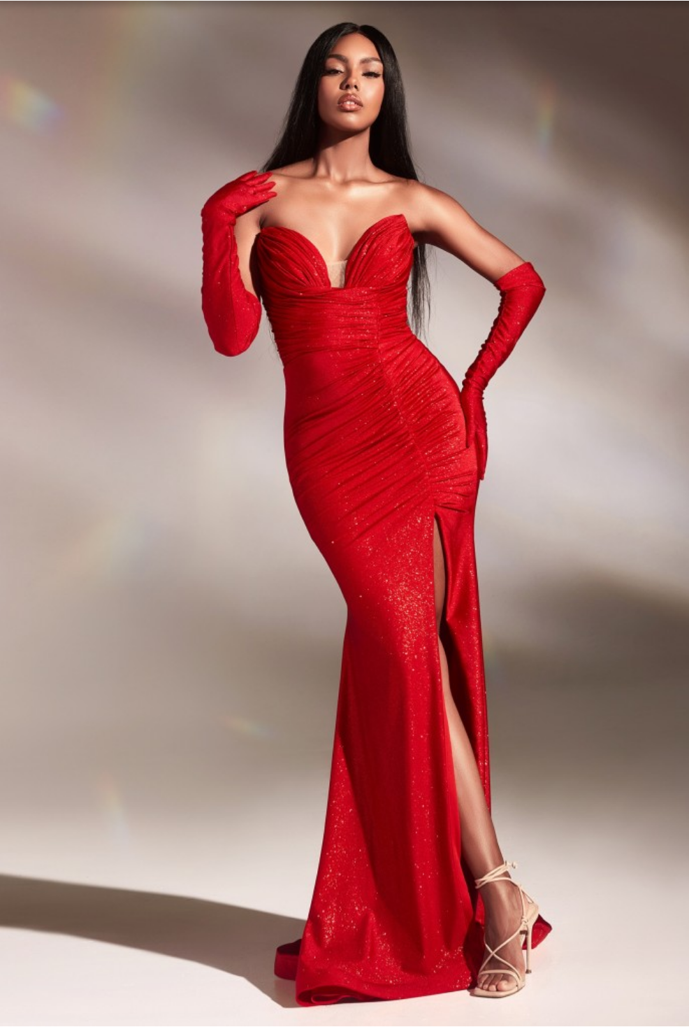 STRAPLESS GLITTER STRETCH GOWN WITH GLOVES