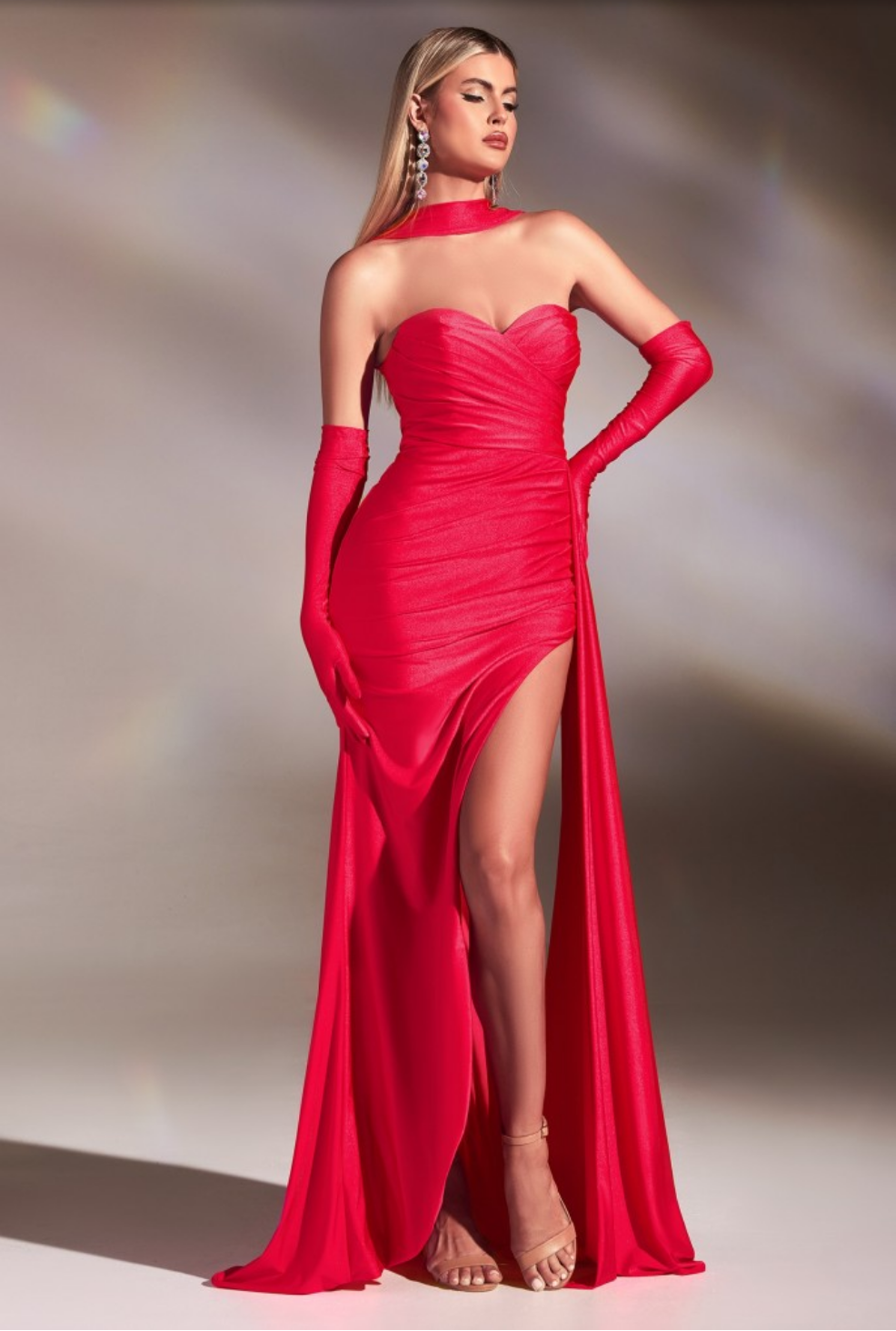10 COLOUR. STRAPLESS STRETCH SATIN GOWN WITH GLOVES